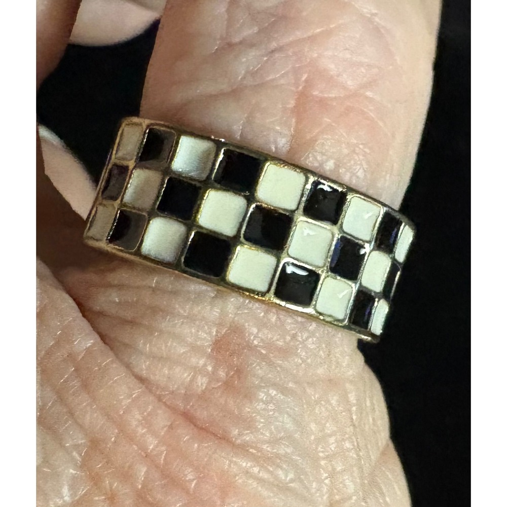 Checkered Enamel Ring Gold Tone Black White Grid Adjustable Band Mod Retro Style